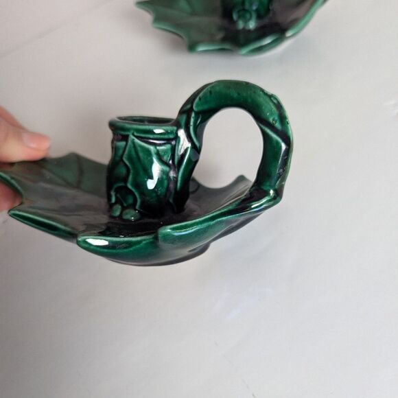 Vintage Christmas Ceramic Candle Holders – Holly Leaf Set of 2 with Finger Loops - Picture 5 of 10